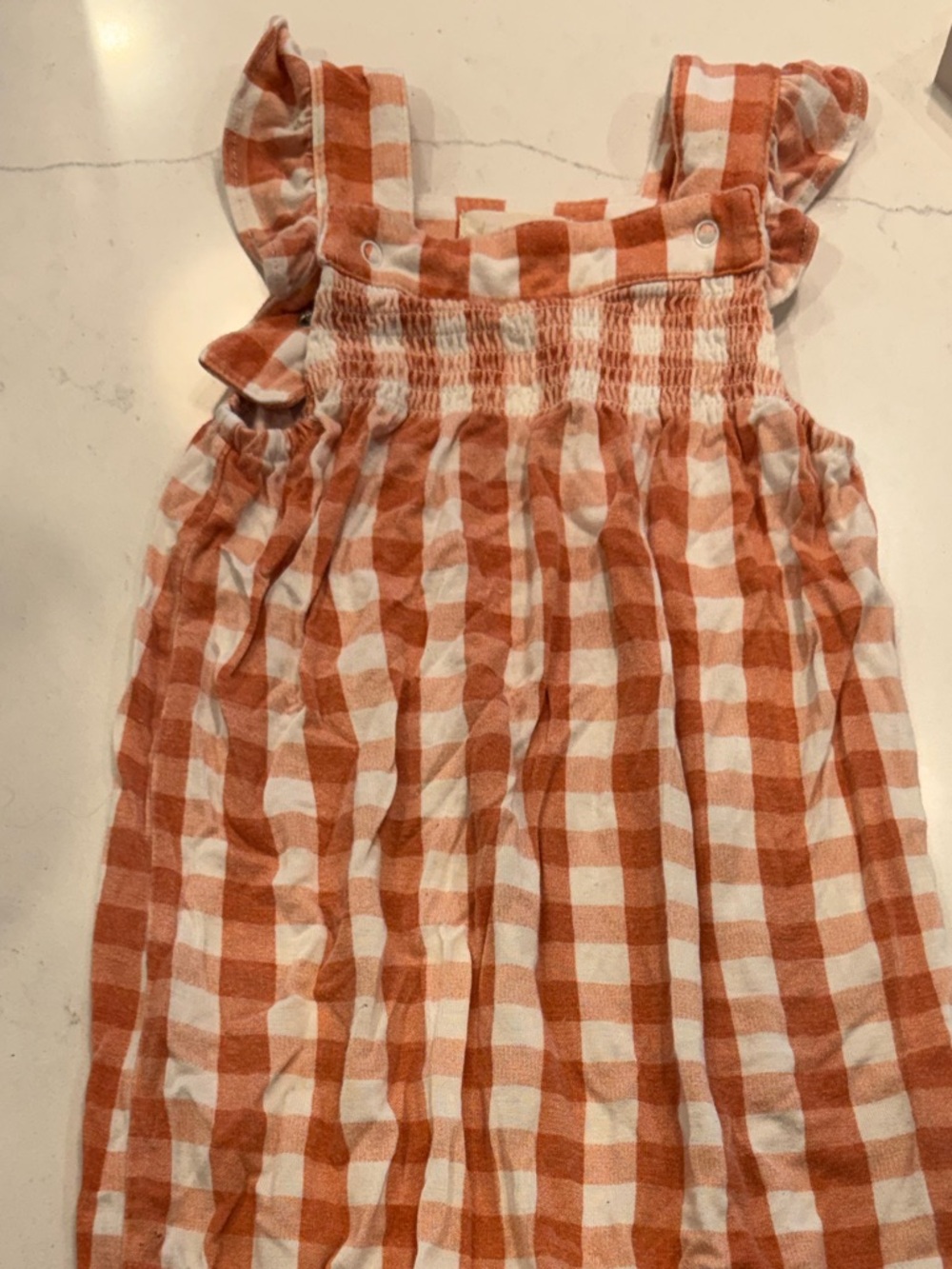 Gingham Ruffle-Strap Romper in Rust and White